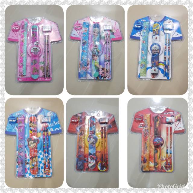 

LOL. Set:pensil,penghapus,kerikan,penggaris,jam tangan digital,stempel/cat.