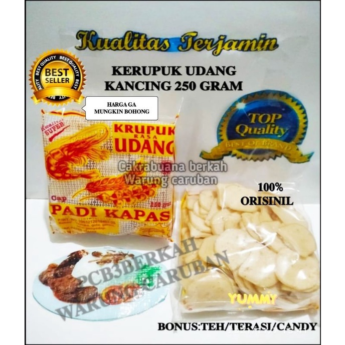 

OLEH2 KHAS CIREBON KERUPUK UDANG KANCING SUPER @250GR BONUS TEH/TERASI/CANDY