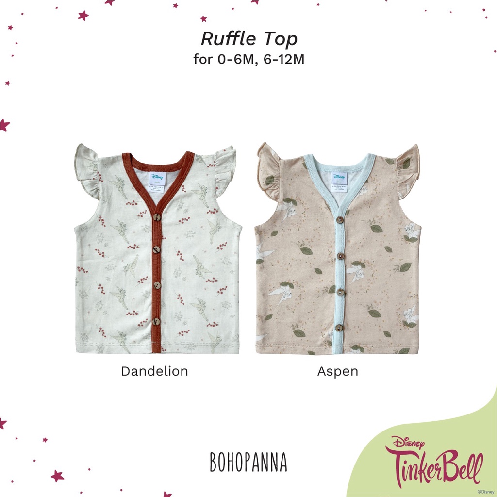 BOHOPANNA x DISNEY TINKER BELL RUFFLE TOP PRINT ATASAN BAYI ATASAN ANAK PEREMPUAN BOHOBABY 0-10 Tahun