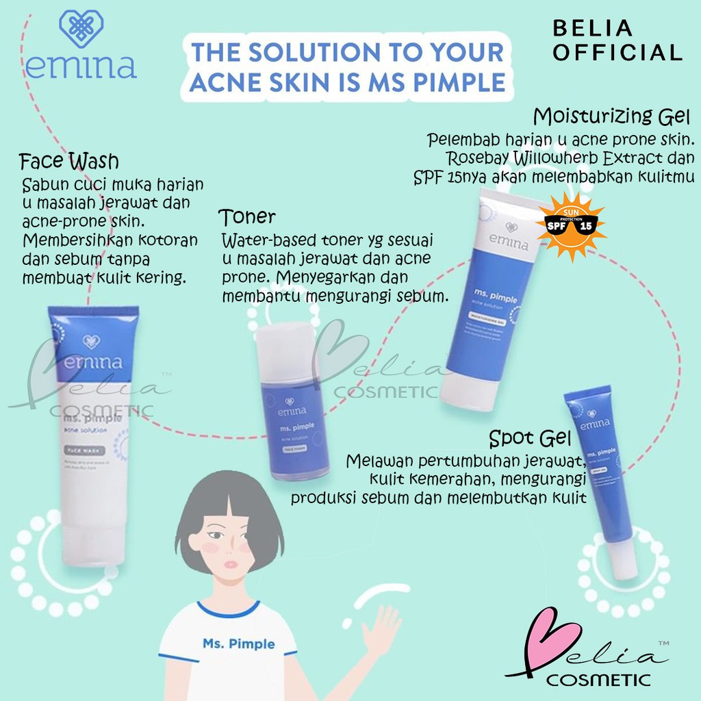 ❤ BELIA ❤ EMINA Ms Pimple Acne Solution Series Sebum Fighter | Face Wash Toner Moisturizing Gel Spot