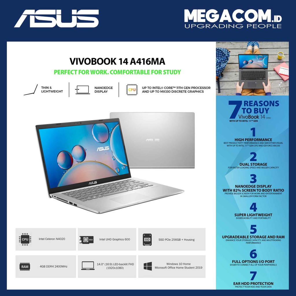 Asus A416MA-FHD421 Silver [Intel N4020|RAM 4GB|SSD 256GB|Win10|OHS2019]