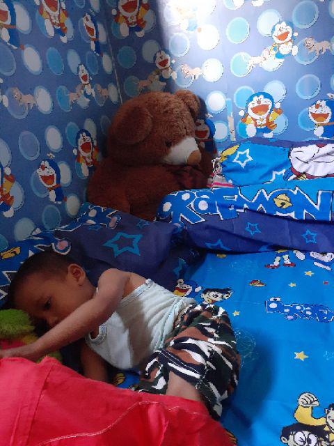 Sprei Katun Motif Nobita Doraemon Blue Lengkap Sarung Bantal Guling Murah