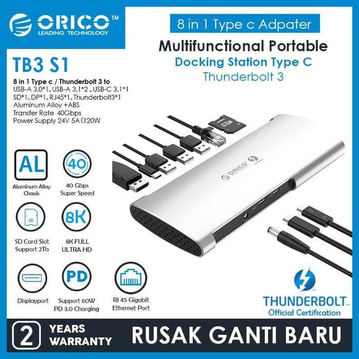 Type-c Thunderbolt 3 to displayport dp Usb-A 3.0 3.1 Sd card rj45 lan usb-c pd converter Orico 8in1 40Gbps 8k 4k gigabit 60w Tb3-s1 tb3s1