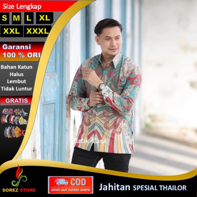 Kemeja Atasan Batik Pria Lengan Panjang Mewah Biru Jumbo Full Furing Khas Jogja Modern Terbaru P71