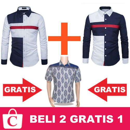 BELI 2 GRATIS 1 - Kemeja Pria Panjang Garis Dada Kombi PUTIH BIRU MERAH + Kemeja / Batik RANDOM