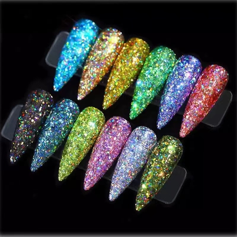 12 WARNA BUBUK FLAKES FLASH SHINNING CRYSTAL / FLAKES HIASAN NAILART CAPSULATED BLING BANGET MENYALA DI FLASH HOLOGRAM NAIL ART