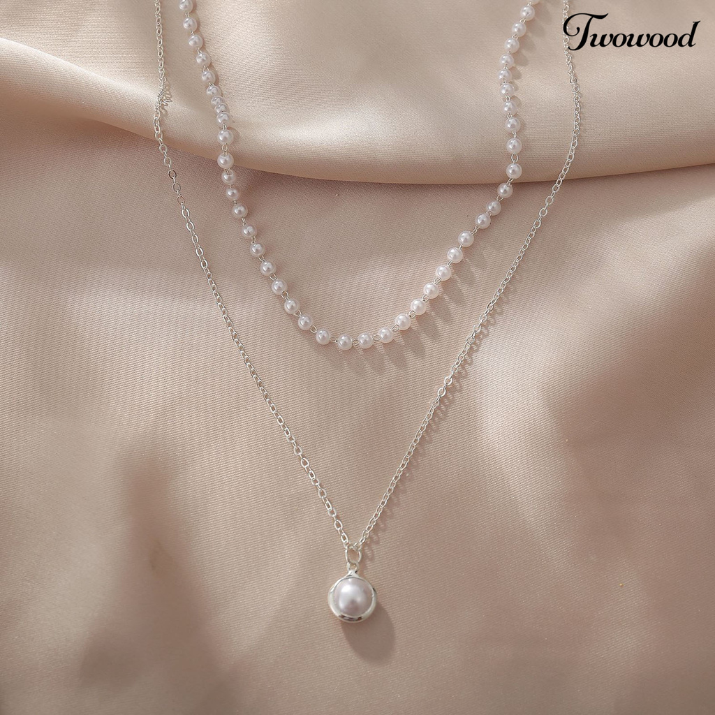 Kalung Rantai Klavikula Model Double Layer Aksen Mutiara Bahan Alloy Untuk Wanita