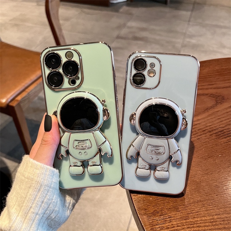 Soft Case Silikon Electroplated Pelindung Lensa Dengan Stand Astronaut Untuk iPhone 13 12 11 Pro Max X XR XS SE 2020 Max 8 7 6 6s Plus