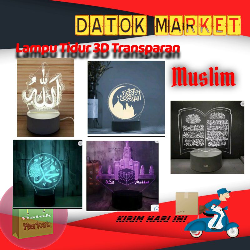 Lampu Malam Tidur 3D Transparan Karakter Lafadz Allah Muhammad AL-Qur'an Muslim Hias Kamar Ruangan