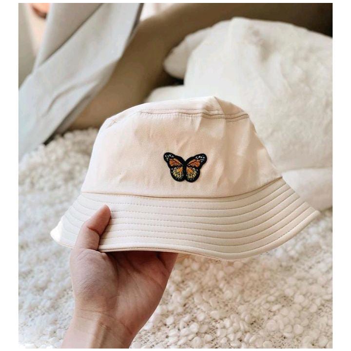 Topi Bucket hat Wanita Kekinian Bordir Casual Butterfly