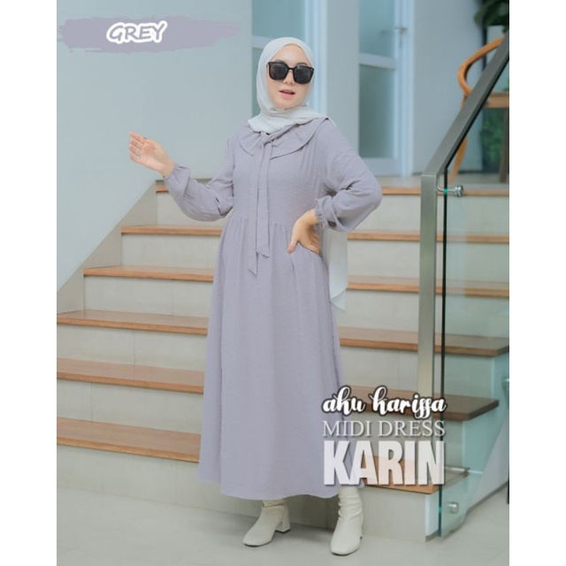 Midi dress, bahan crinkle uragiri, karin dress, ori Aku karissa, Gamis Aku Karisa, dress midi kekini