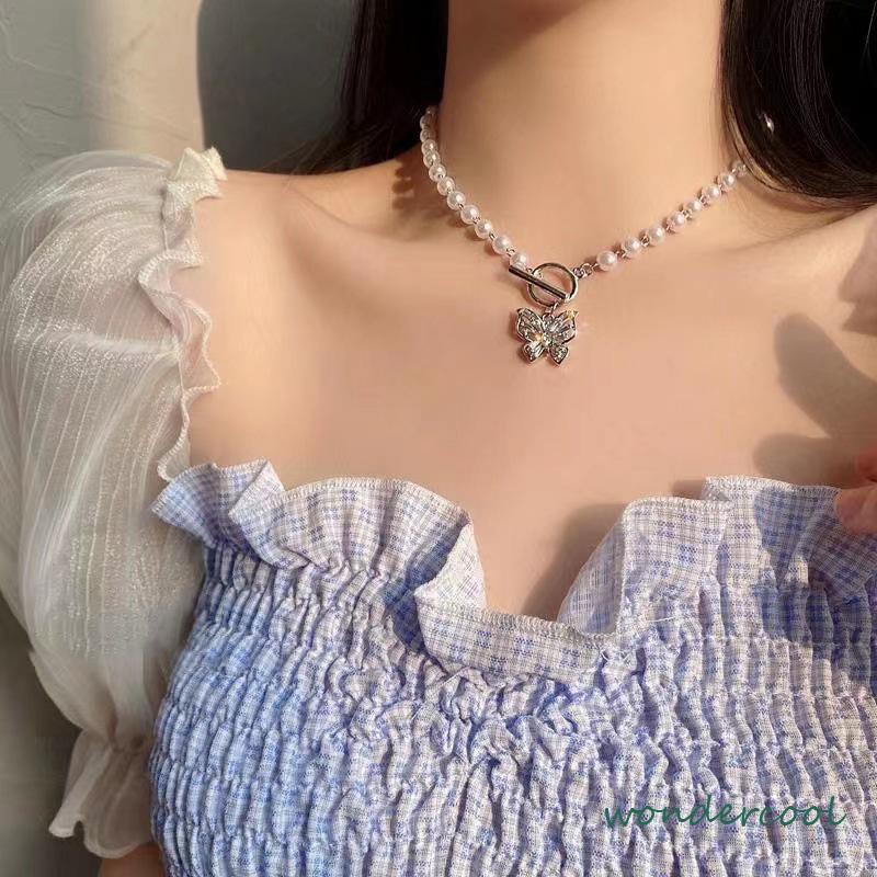 Fashion Mutiara Manik-manik Kalung Elegan Kupu-kupu Liontin Klavikula Kalung Aksesoris Wanita-Won