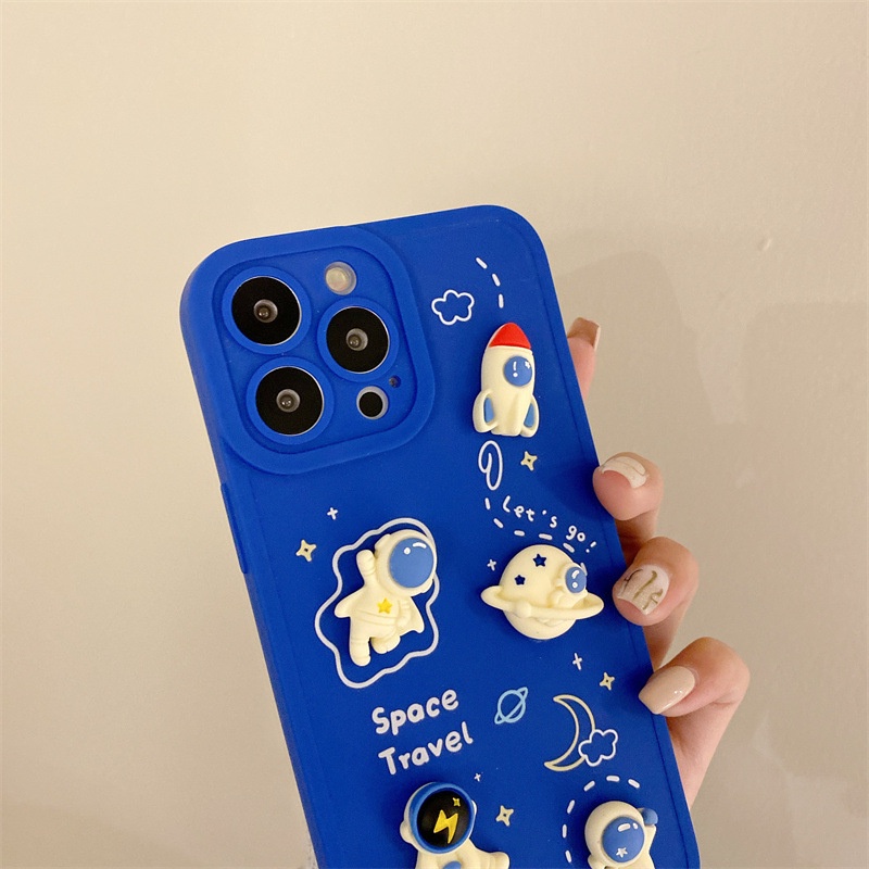 IPHONE Lucu 3D Astronot Dan Planet Klein Biru Perlindungan Penuh Casing Ponsel Cover Untuk Iphone7 8 PLUS X XR XS 11 12 13 PRO MAX SE2 SE3