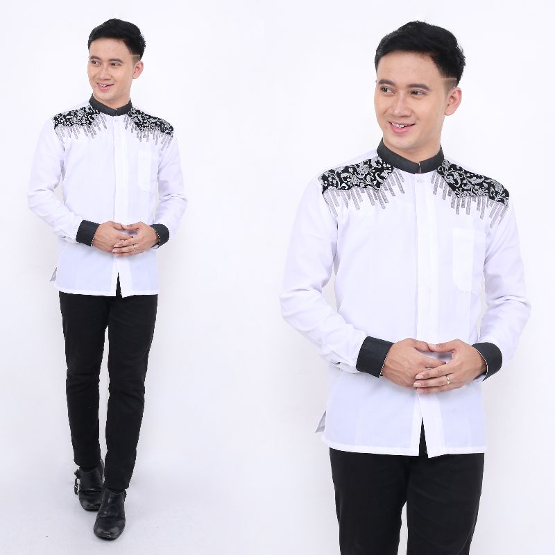 Baju Koko polos putih pria dewasa lengan panjang-koko polos bordir