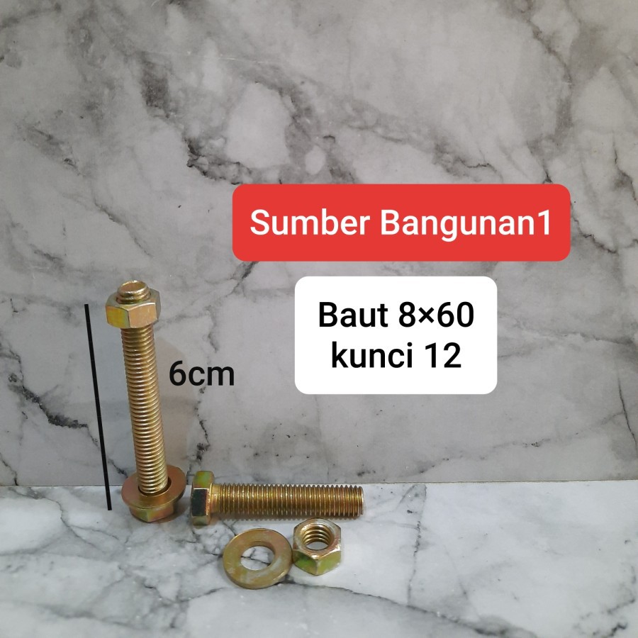 Baut 8 x 60 baut mur kuning kunci 12 panjang 6cm + Ring M 8