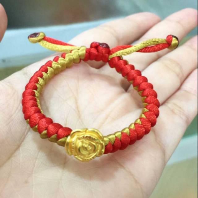 gelang tali merah cina emas mawar asli 24 karat hongkong