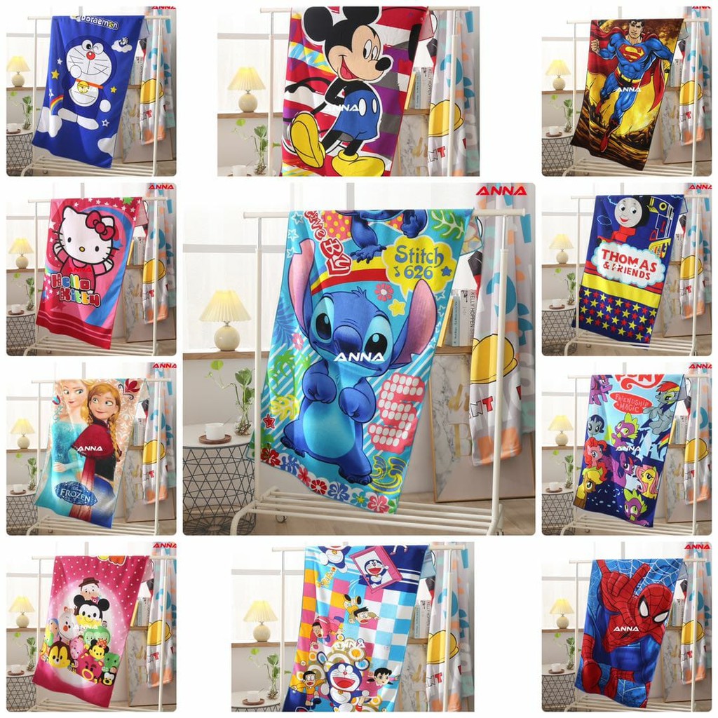Handuk Karakter anak uk70x140cm ANNA PREMIUM Fro-zen Drae-mon Miki Tho-mas Poni Stit-ch Super-man MURAH
