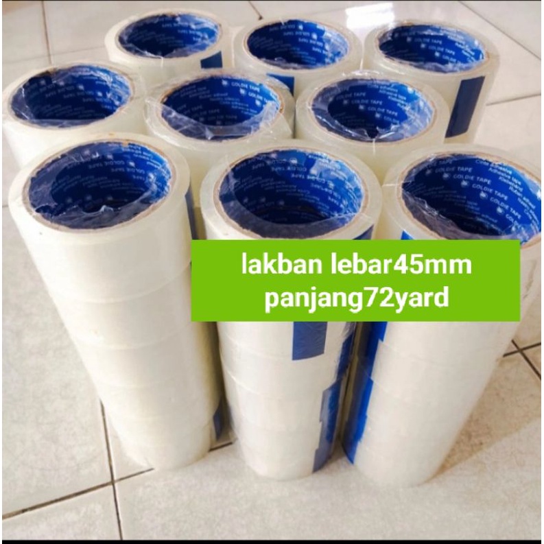 

lakban bening dan coklat 45mm, panjang 72yard. 1slong isi 6pcs