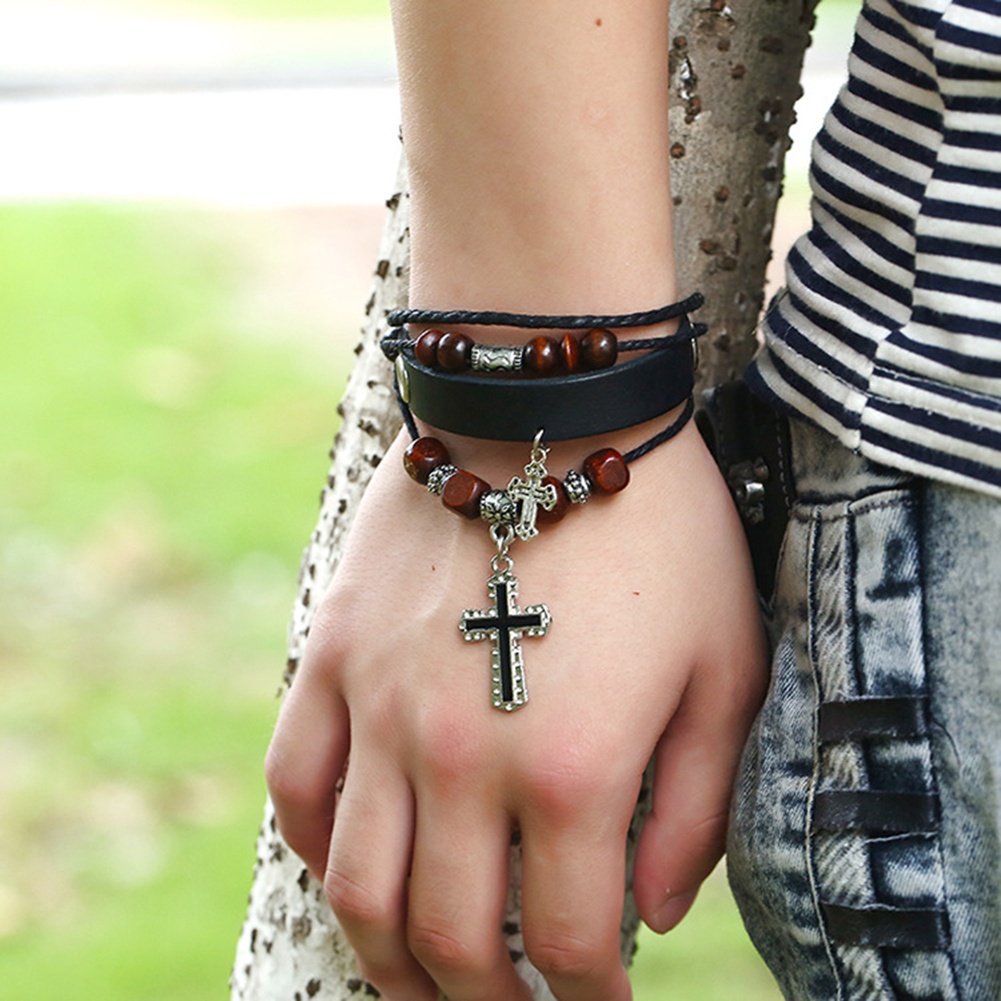 Hu Hu Hu Hu Hu Alat Bantu Pasang Kacamata♡ Gelang Tangan Kulit Imitasi Banyak Lapis Aksen Manikmanikliontin Salib Vintage Untuk Wanita
