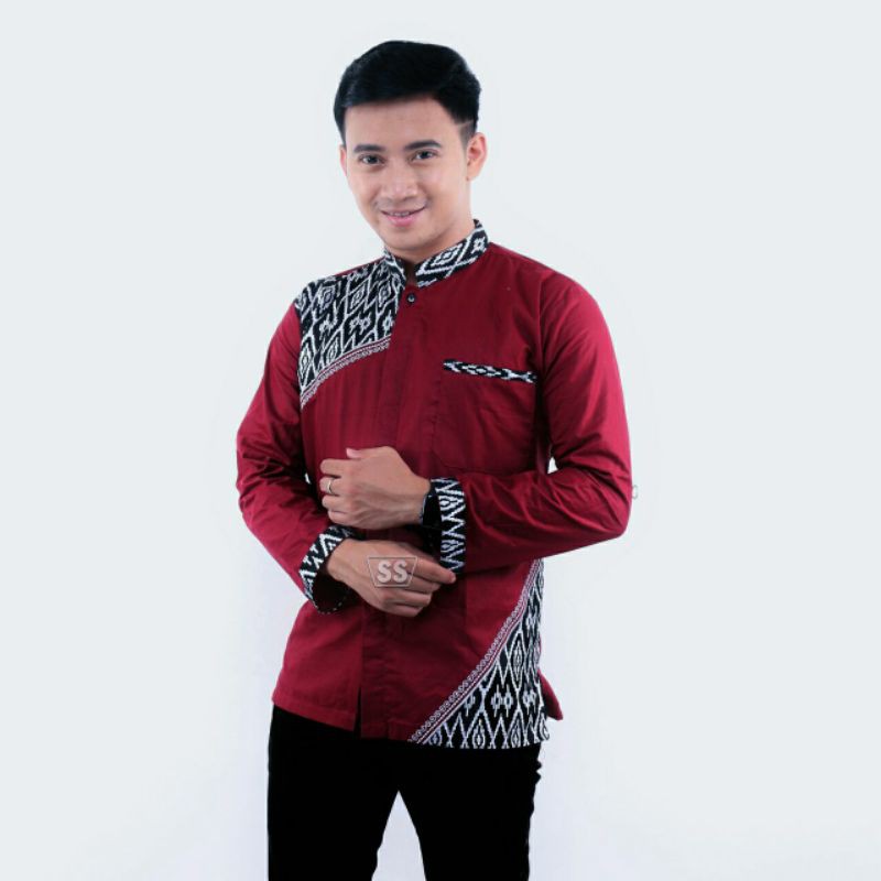 Baju Koko Pria Terbaru Kombinasi Batik Lengan Panjang Bahan Katun Motif Batik Dan Bordir Komputer Modern | Baju Koko Dewasa