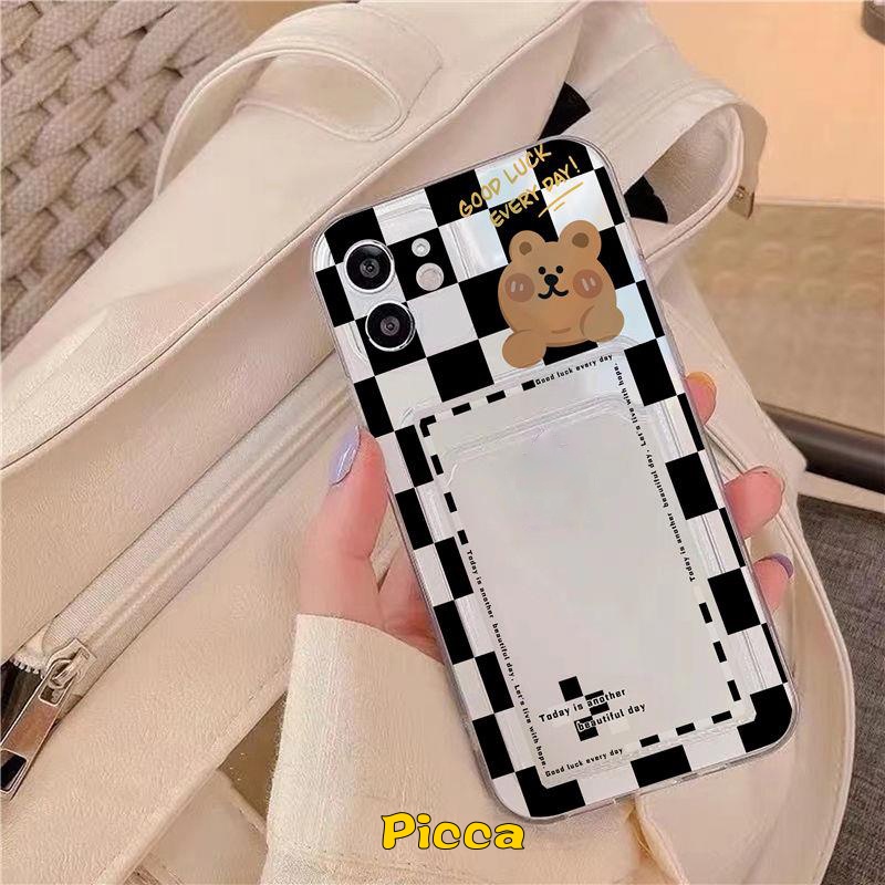 Tempat Kartu Slot Dompet Kotak-Kotak Sederhana Case Transparan Realme C25Y C30 10 Pro C21Y C11 2021 C25s 9i 5i C20 C20A C12 C11 2020 5s 5 C3 C25 Tempat Tas Kartu Beruang Kartun Soft Cover