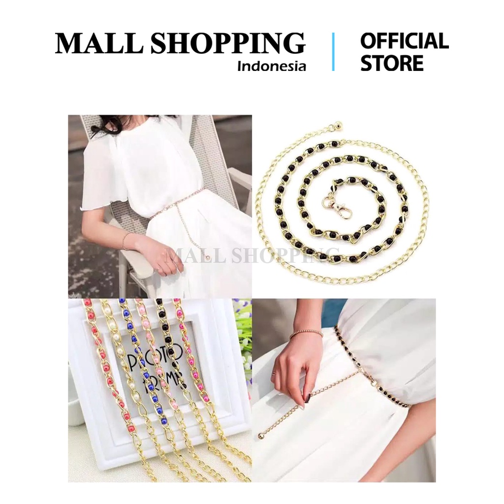 (COD) Ikat Pinggang Wanita Belt Rantai Metal Slim Mutiara Imitasi Sabuk Fashion MALLSHOPPING