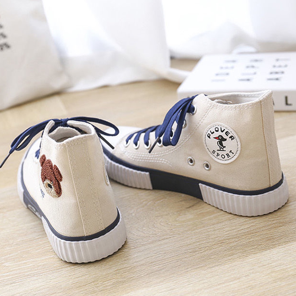 Sepatu Korea Wanita Why Bear Tinggi Putih Navy Import / Sepatu Sneakers Canvas Korean Style White High Women Fashion