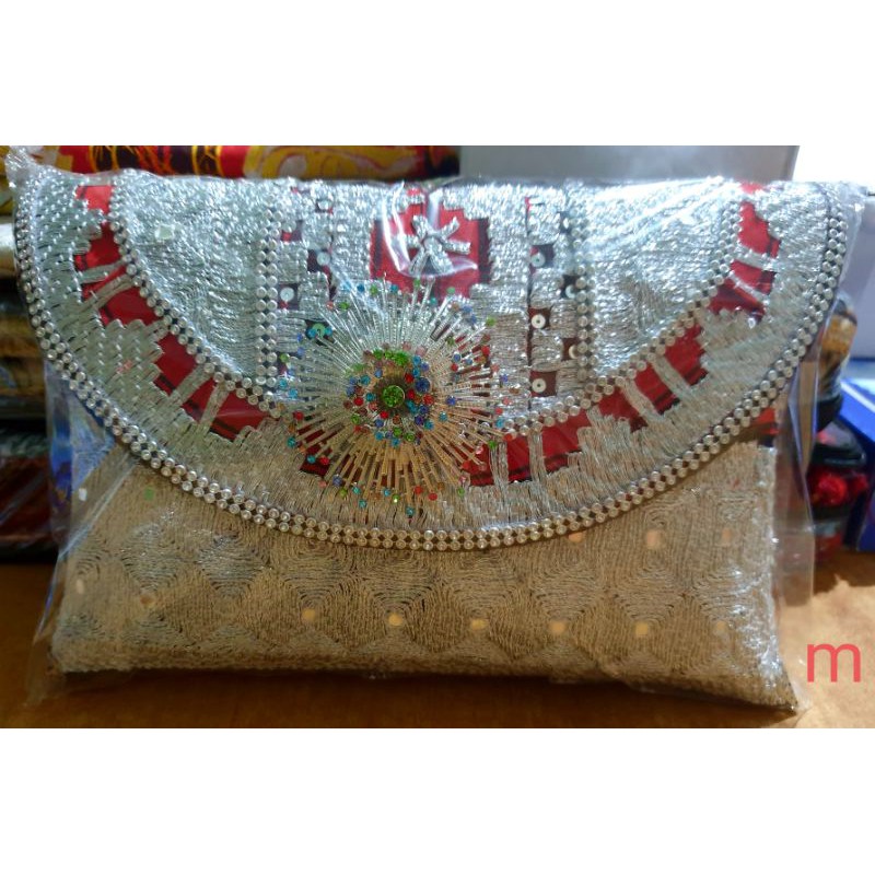 tas dompet pesta / clutch sulam tapis antik lampung asli benang silver