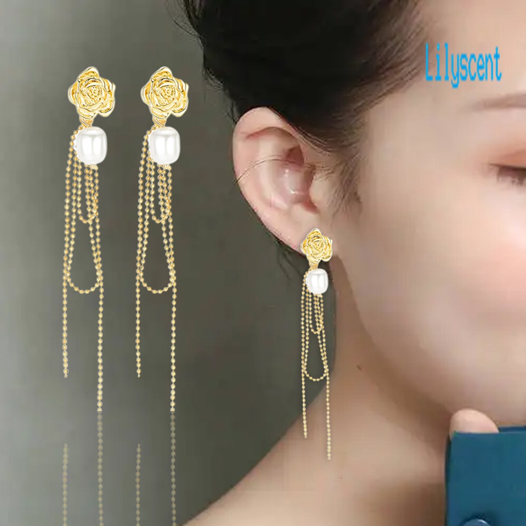 Ls 1 Pasang Anting Gantung Bentuk Bunga Mawar Dengan Mutiara Imitasi Untuk Wanita