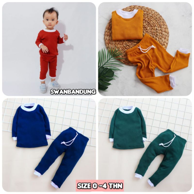 Setelan Anak Motif Polos Bahan Rib Katun / Baju Bayi dan Anak Model Unisex Usia 0-4 tahun