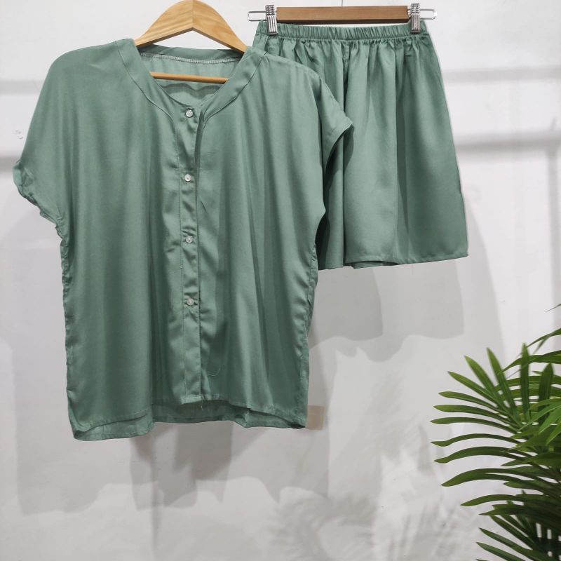 PIYAMA KANCING PENDEK | PIYAMA RAYON | BAJU TIDUR RAYON-VN HIJAU TOSCA