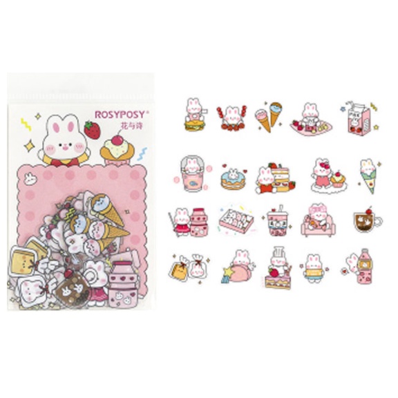 40pcs Stiker Desain Kartun Rosyposy PVC Japanese Style-Rabbit Pink