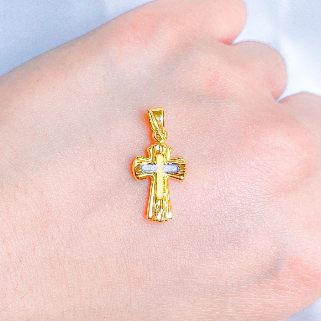 Liontin anak dan dewasa emas asli kadar 700 70 16k cross salib Jesus Christ mainan kalung kombinasi mix 2 sisi warna putih doff gold ringan 0,7 gram gr g pendant Yesus