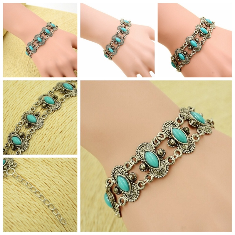 Gelang Tangan Silver Aksen Batu Turquoise Ala Bohemian Untuk Wanita