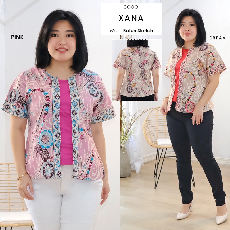 Evercloth Xana Atasan Batik Wanita Lengan Pendek Jumbo Blouse Wanita Atasan Wanita Blouse Batik Perempuan  Kebaya Kimono Batik Baju Kutu Seragam Sarimbit Set