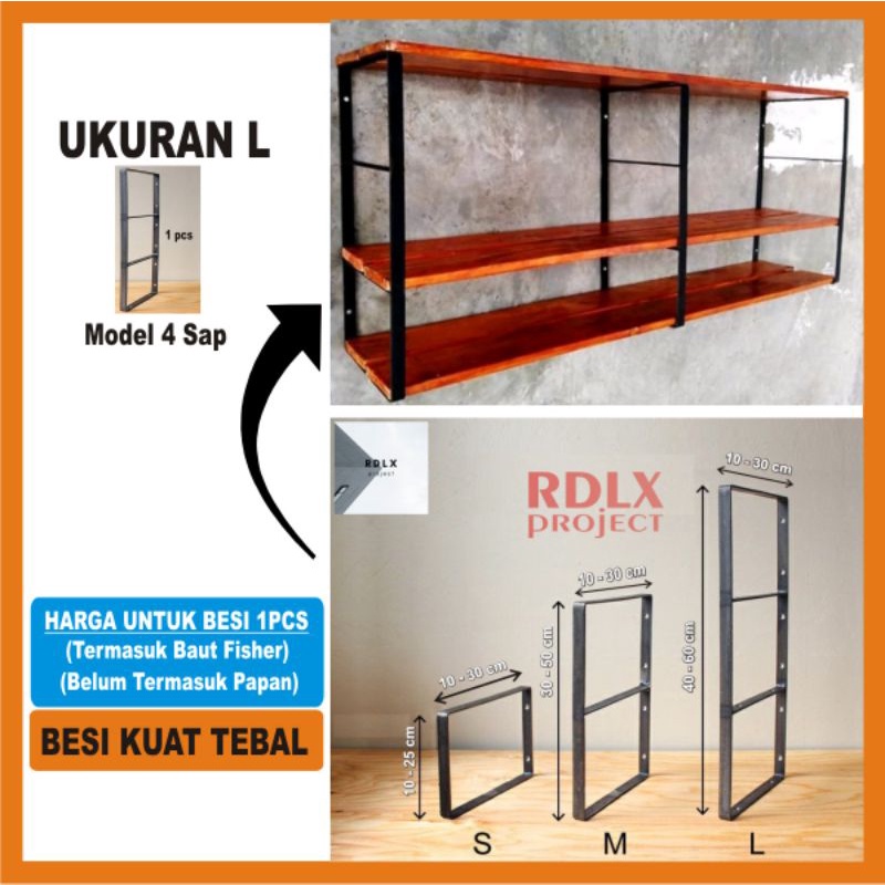 Bracket Siku Dinding untuk Rak Bumbu, Besi Plat Strip Tebal 4 mm, Tinggi 60 cm, Lebar 30 cm, Termasu