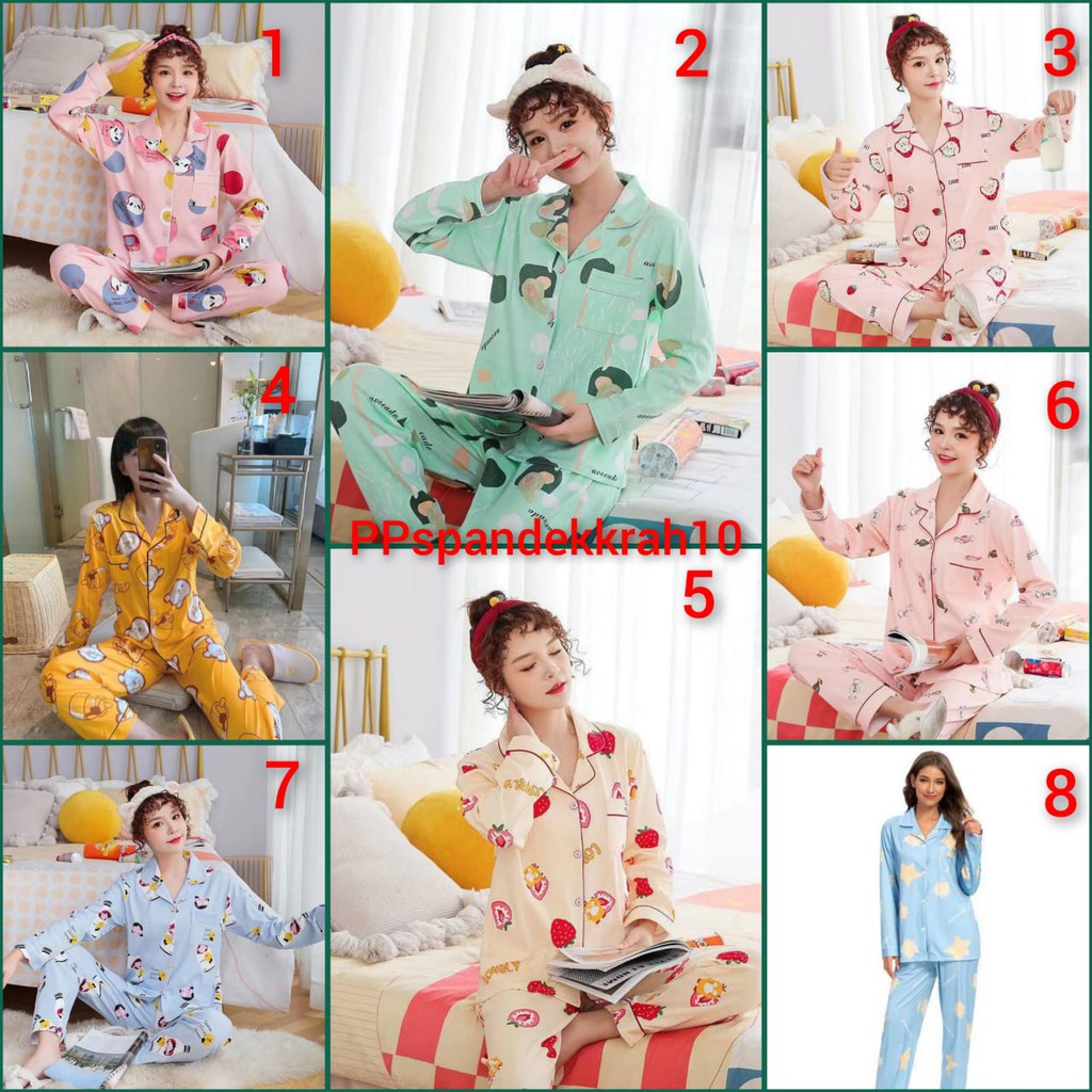 Baju tidur piyama lengan panjang celana panjang krah bahan spandek import PPspandekkra10