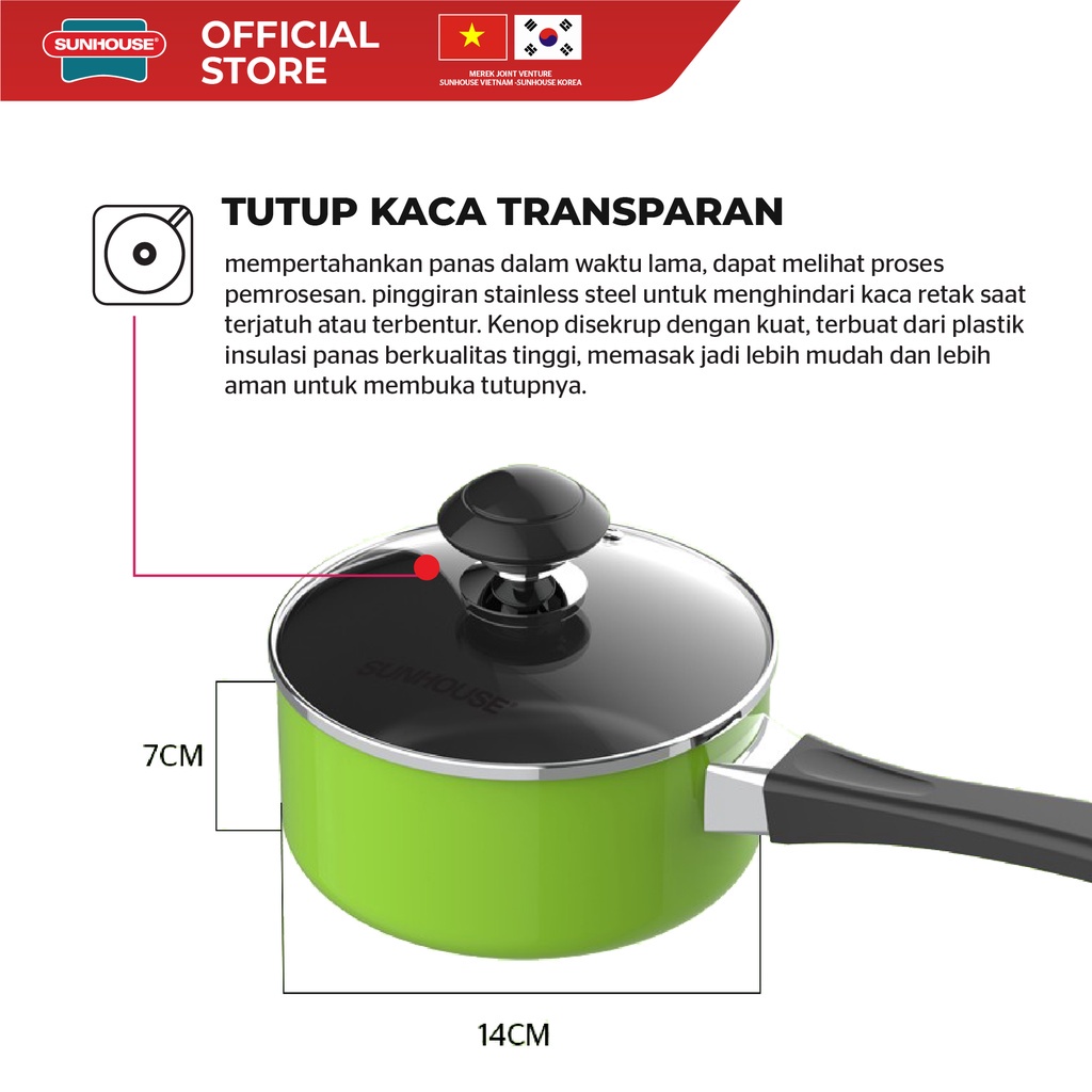 Sunhouse panci saucepan+ tutup kaca anti lengket hijau 14cm (shg-mp14) 1pcs