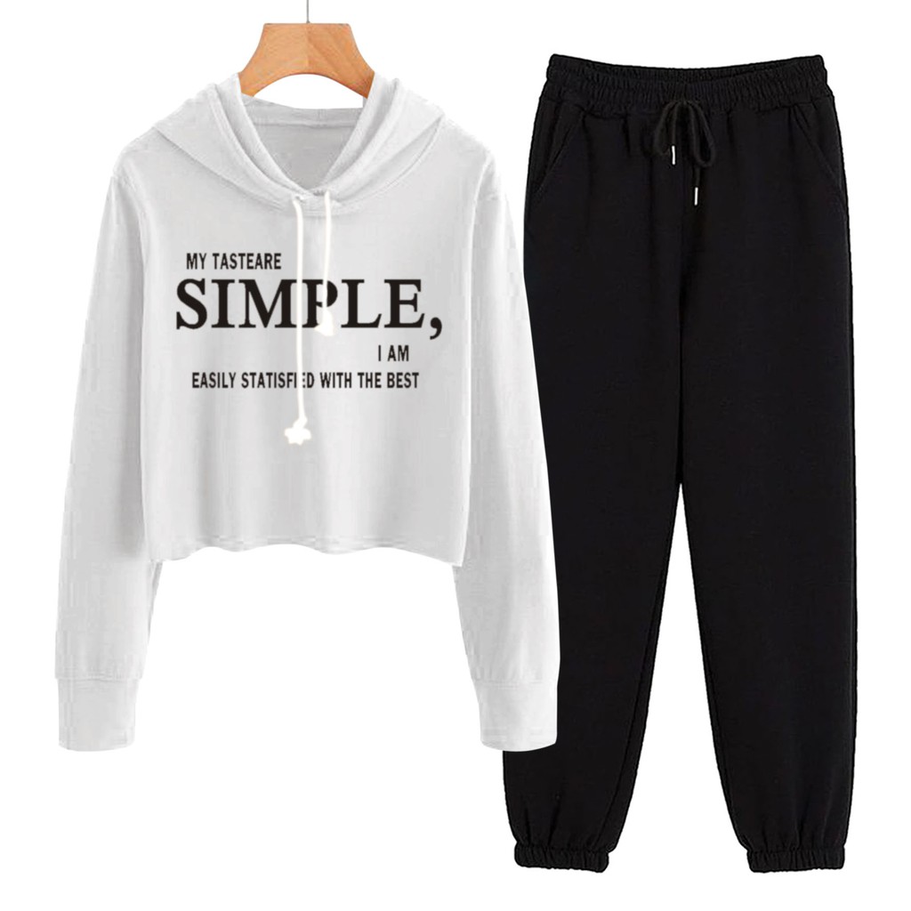 BESS - Baju Setelan Wanita Murah / Setelan Hoodie Crop + Jogger Hitam - SIMPLE