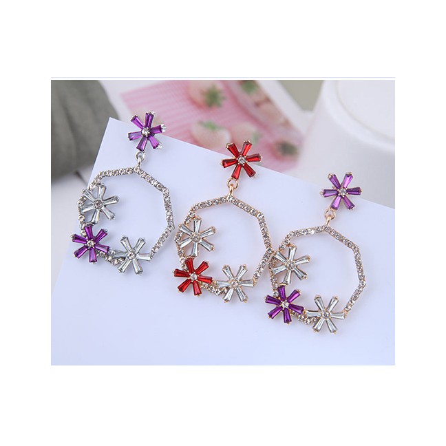 LRC Anting Tusuk Fashion Metal Flash Diamond Ring Flower Earrings A59285