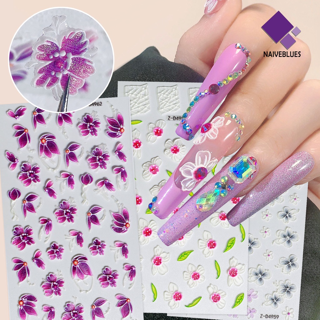 Naiveblue &gt; Stiker Decal Kuku Motif Bunga / Daun 5D Ultra Tipis Untuk Manicure / Nail Art