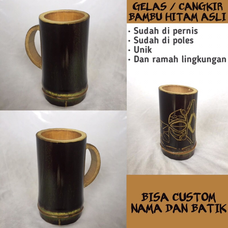 gelas/mug/cangkir bambu hitam asli | Bisa custom nama/batik