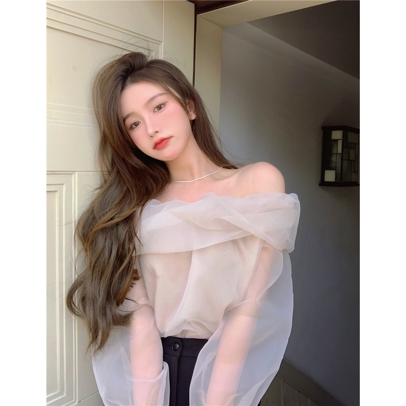 blouse korea kemej off-the-shoulder one-shoulder jahitan mesh kemeja lengan panjang french shirt top