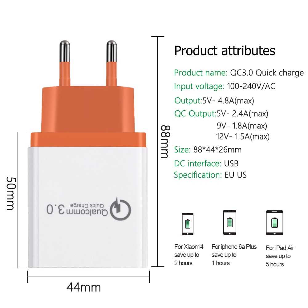 Taffware Charger USB 3 Port + Qualcomm QC 3.0 Fast 3 USB Charger Quick Charge 3.0 Fast USB Wall Charger Portable Mobile Charger QC 3.0 Adapter for Xiaomi iPhone X EU US Plug 3 Ports Quick Charger QC3.0 Phone USB Charger Fast Charging EU Plug Mobile Phone