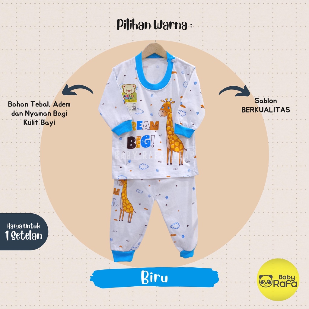 Setelan Piyama Baju Bayi Panjang 3 - 18 Bulan merk Bolo - Bolo SNI motif DREAM BIG JERAPAH