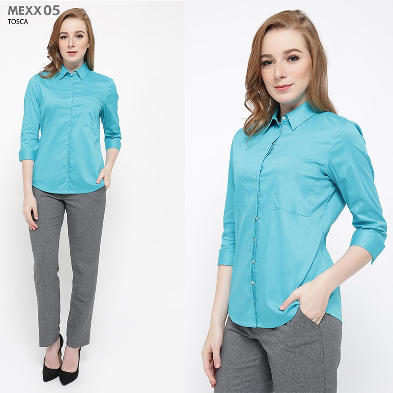 MEXX Women Office Shirt Quarter Long Sleeve Kemeja Wanita Lengan Tanggung Tosca Polos