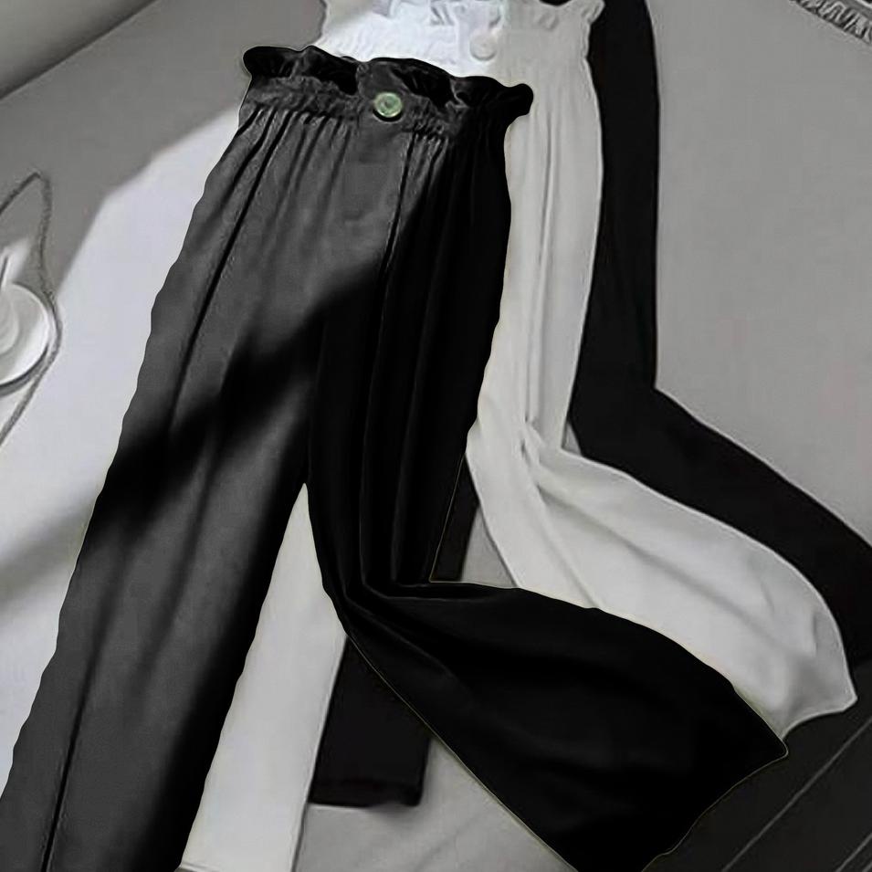 Celana Wanita Kulot Panjang2022 Model Korea Leg Highwaist Pinggang Karet Elastis Kerut Susun Kancing