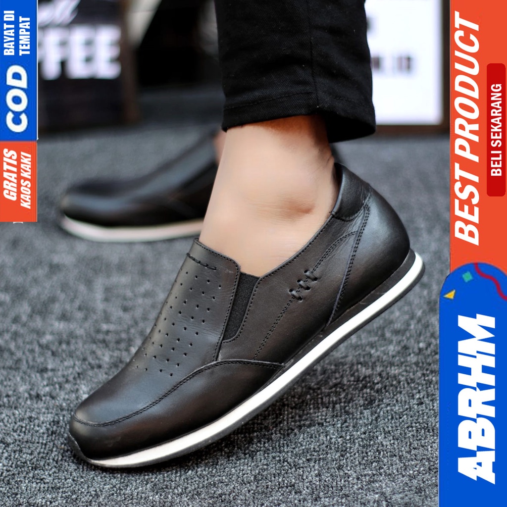 Abrhm Alvaro - Sepatu Casual Sneakers Pria Kulit Asli Kerja Santai Hitam