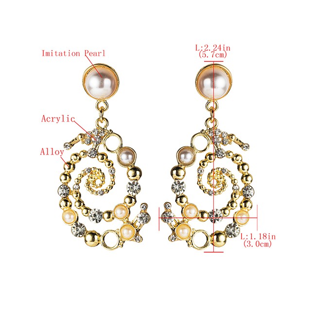 LRC Anting Tusuk Fashion Gold Alloy Diamond And Pearl Spiral Earrings F89071
