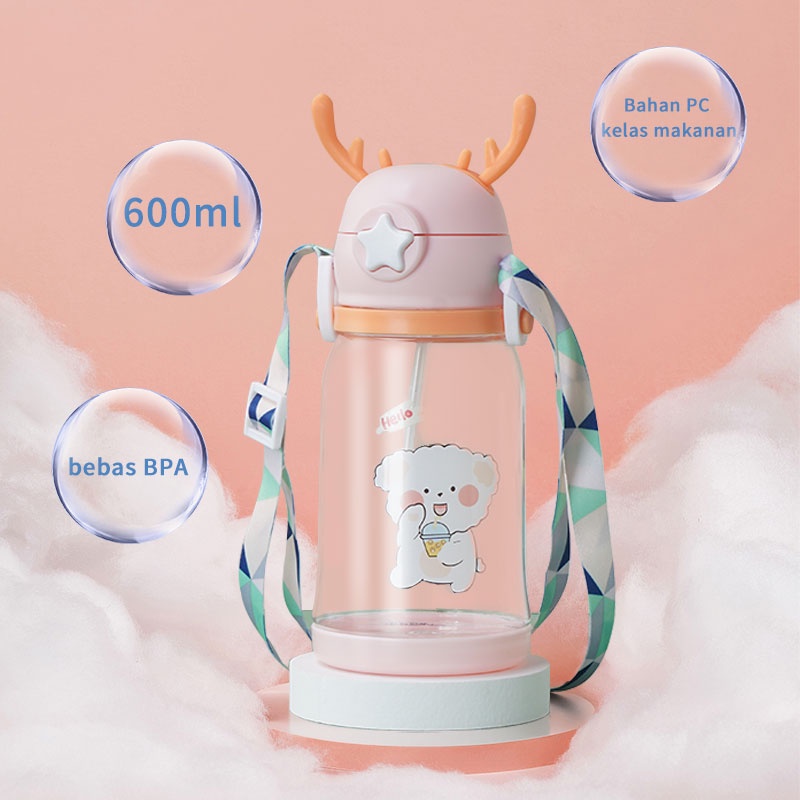 Letyeah &amp; Kaizenliving Botol minum anak 600ml bpa free / botol minum lucu sedotan dengan tali